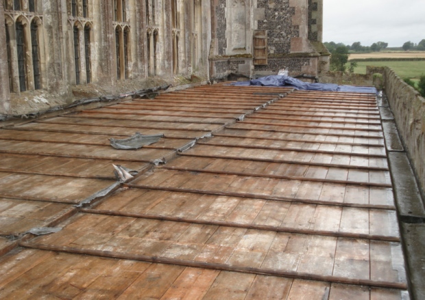 A lead roof stripped from Lavenham church