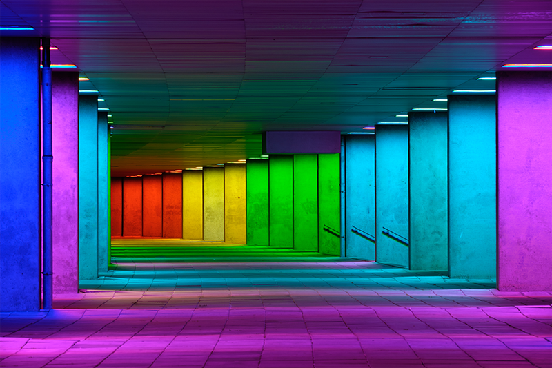 Multicoloured illuminated rainbow passage
