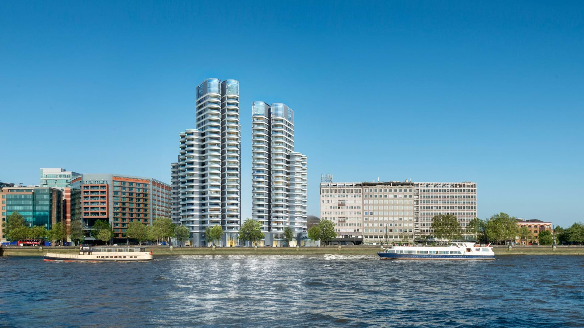 he Corniche is a mixed-use development of three landmark towers along the Albert Embankment on the south bank of the River Thames, opposite the Houses of Parliament where a 53-year old coach driver has been killed by a window which fell on him from height