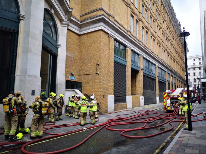 Six fire engines and around 40 firefighters tackled a blaze in an office server room on The Strand in London.