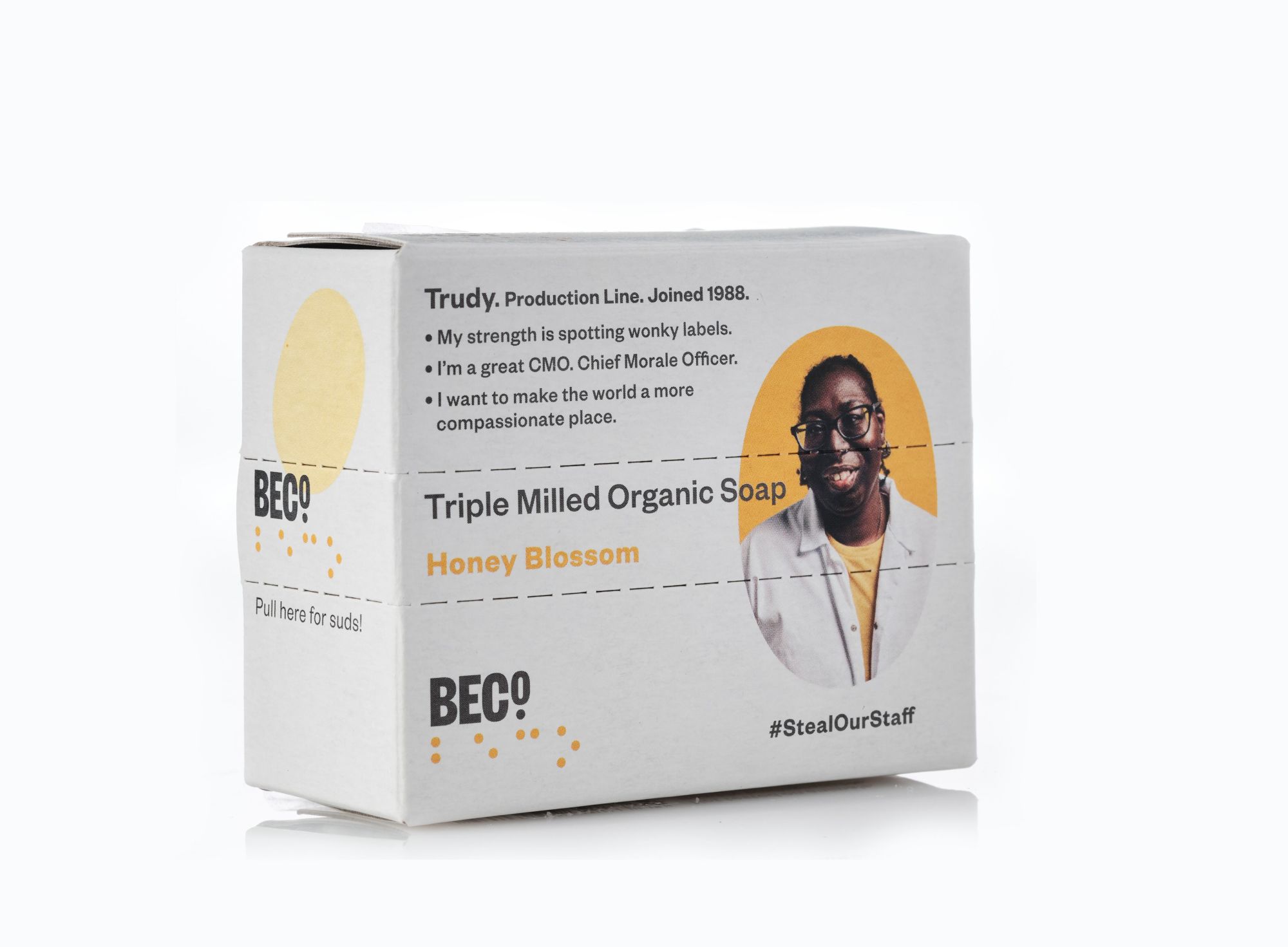A staff profile on a box of BECO soap