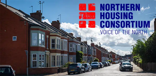An image of a residential street with the Northern Housing Consortium logo