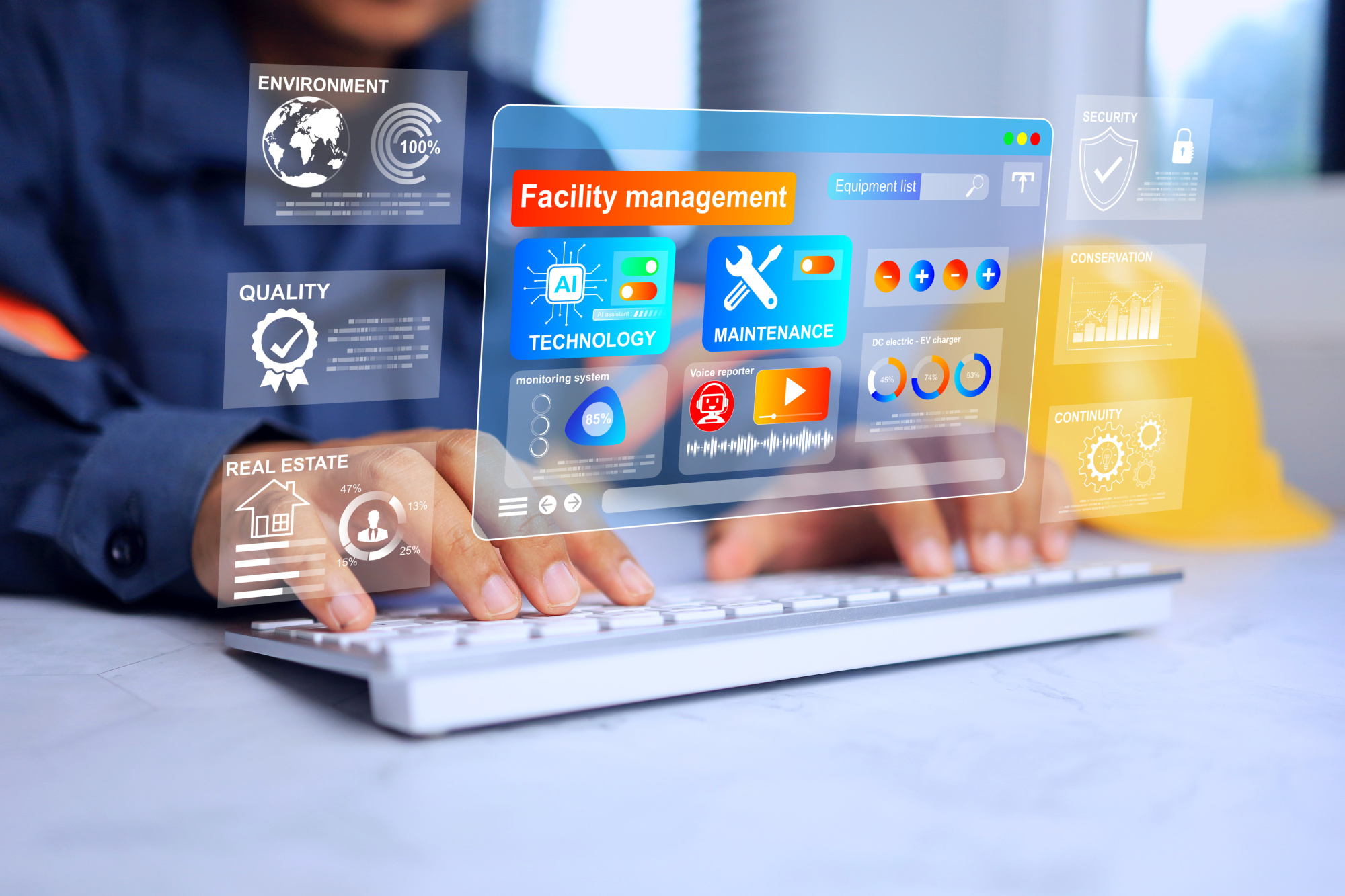 An image of a heads-up dashboard with a number of app icons on screen and fingers on a keyboard.