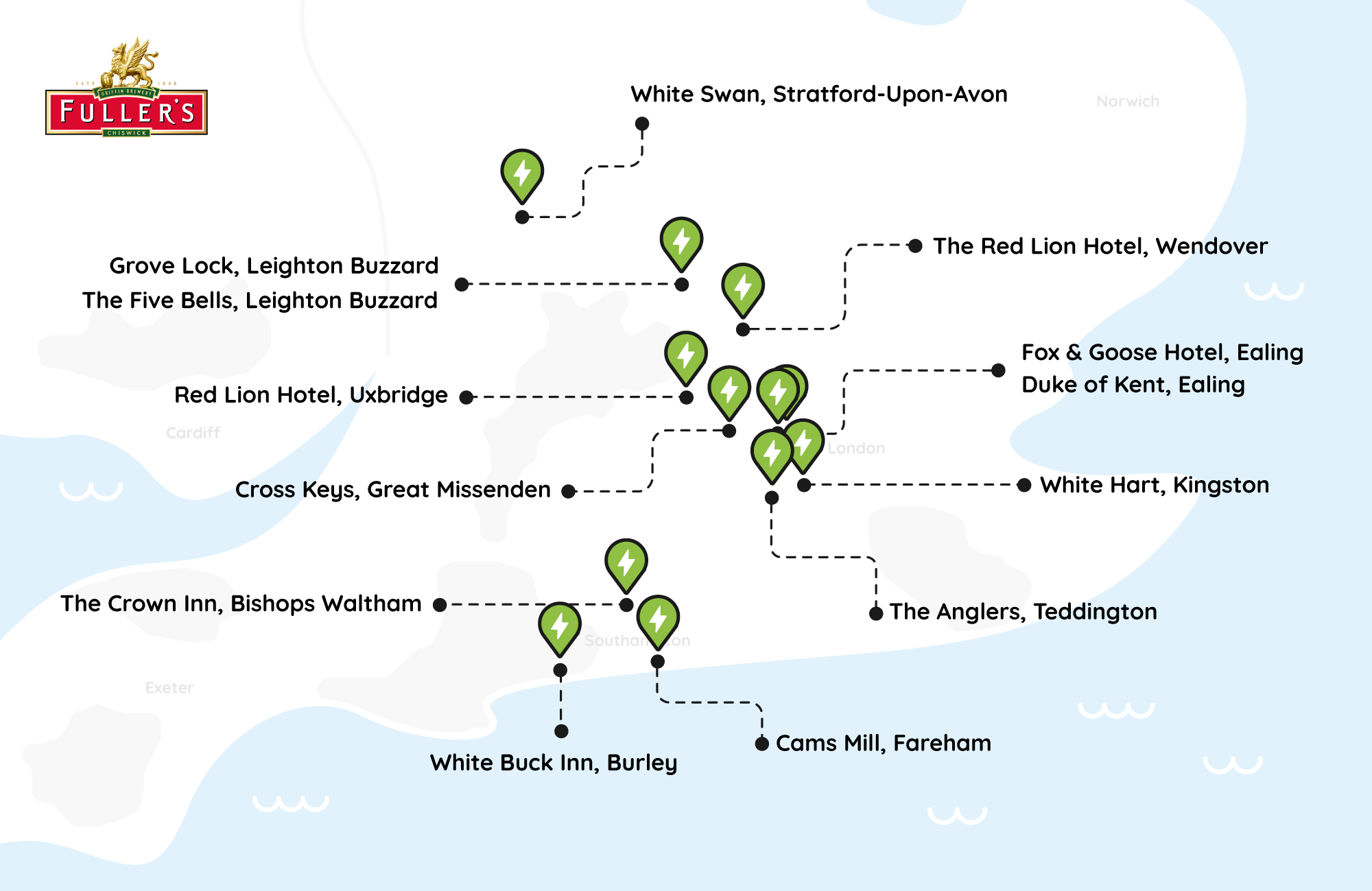 Fullers map of Pod Point chargepoint installs