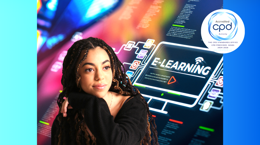 An image of a woman and a screen promoting e-learning