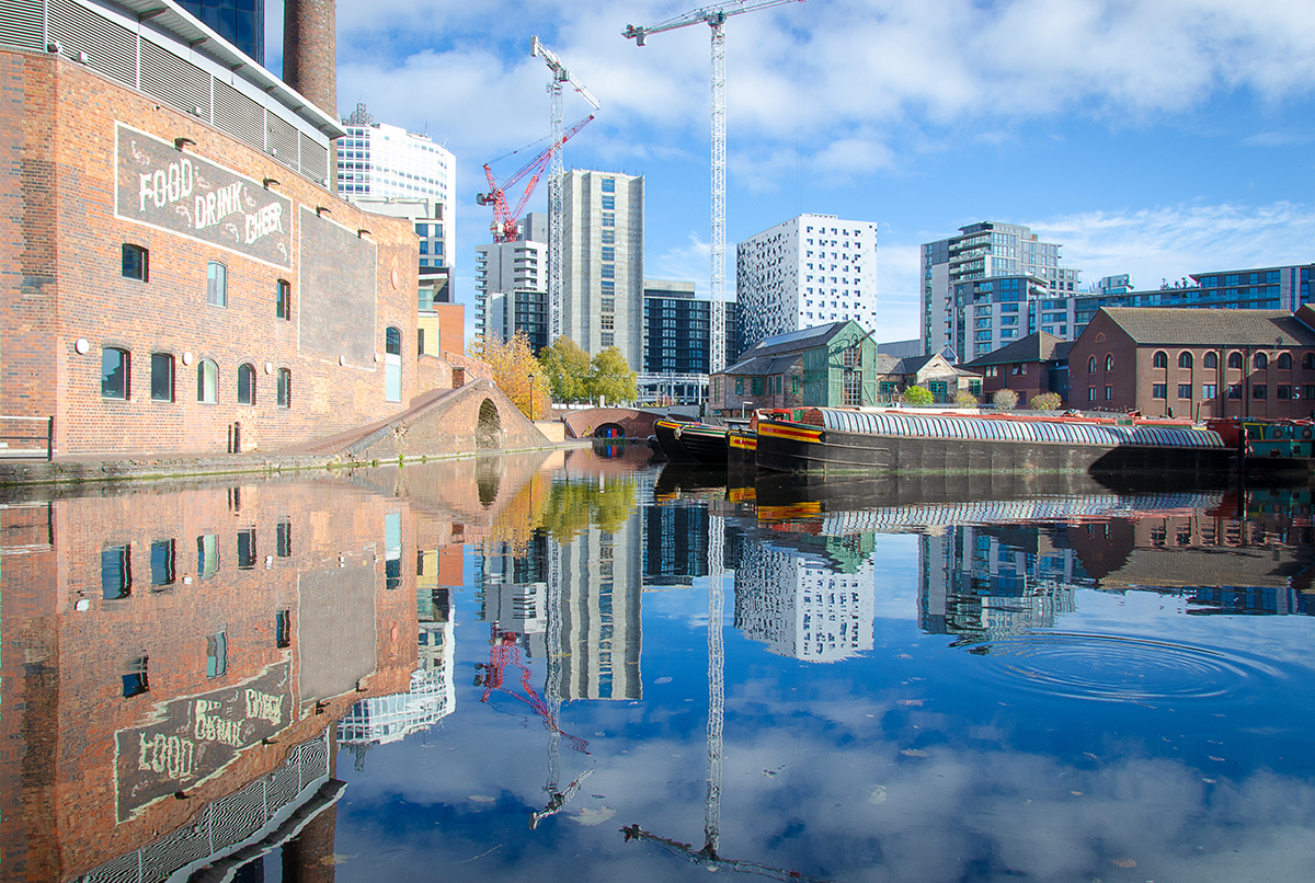 City of Birmingham – view of the city wharf with a reflection in the canal water