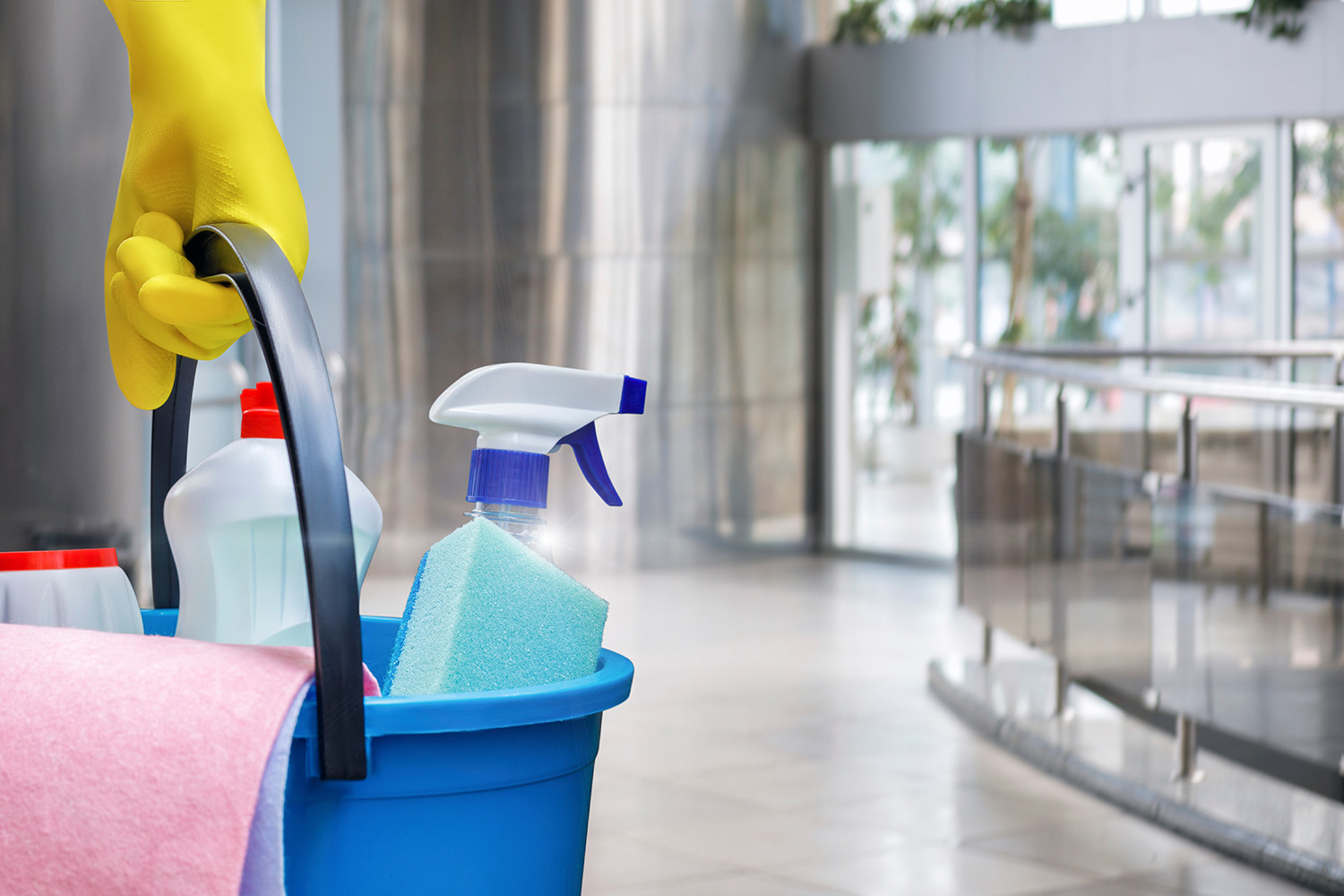 An image of a gloved hand holding a cleaning bucket