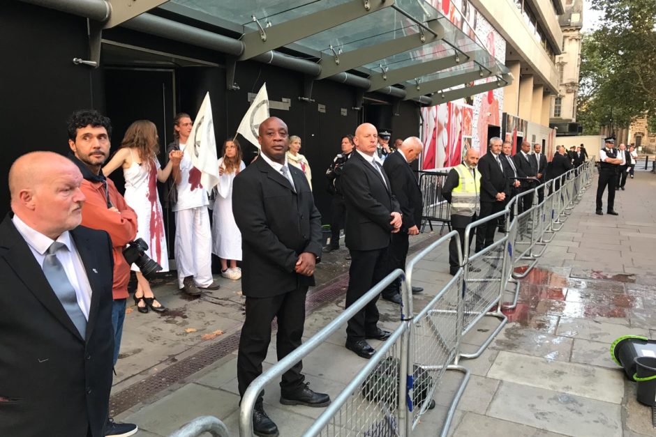 The blood spattered scene outside a Fashion Week tradeshow on September, Friday 13.