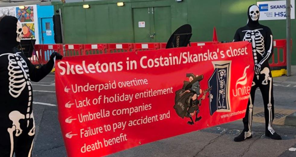 Unite demonstrators at the Euston HS2 site dressed as skeletons